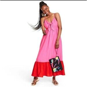 Tabitha Brown x Target Sleeveless Tie Front Midi Maxi Dress Pink/Red Size XS
